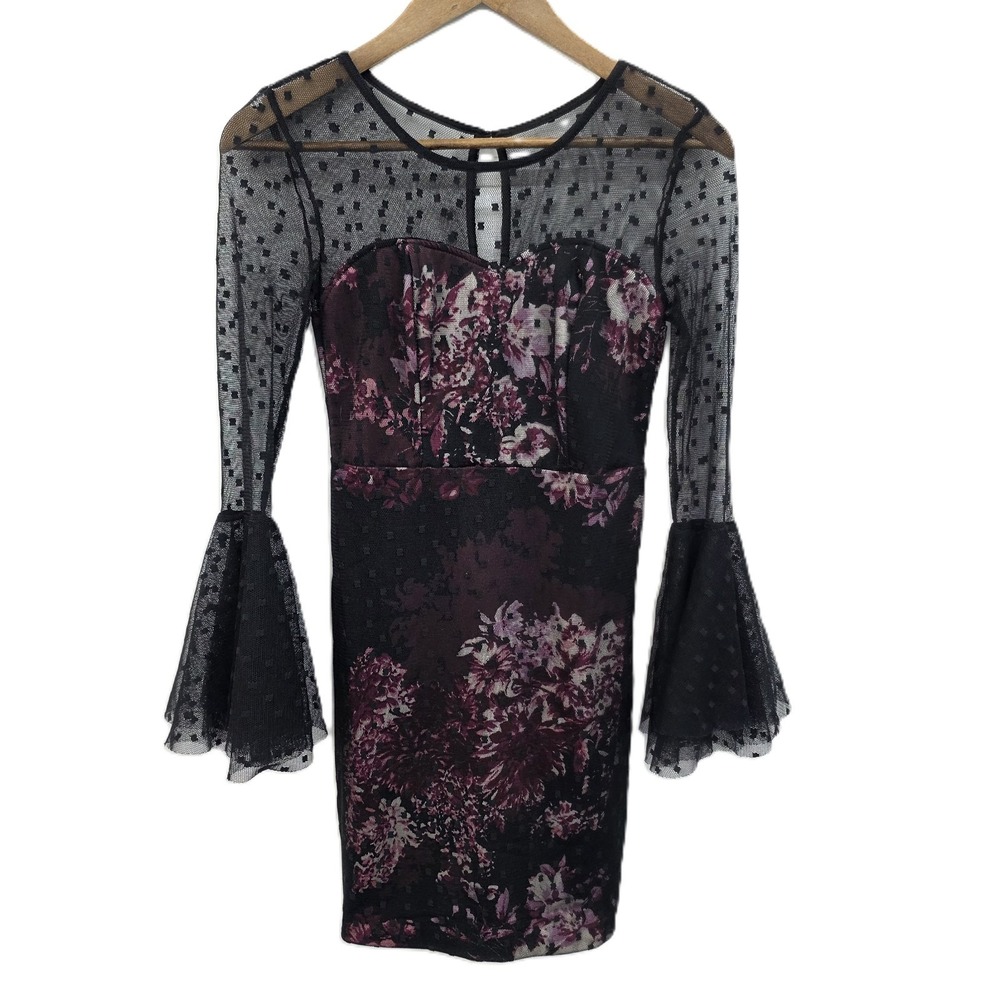 Venus Womens 4 Black Mesh‎ Floral Bodycon Dress Sheer Bell Sleeve Whimsigoth - Picture 4 of 16